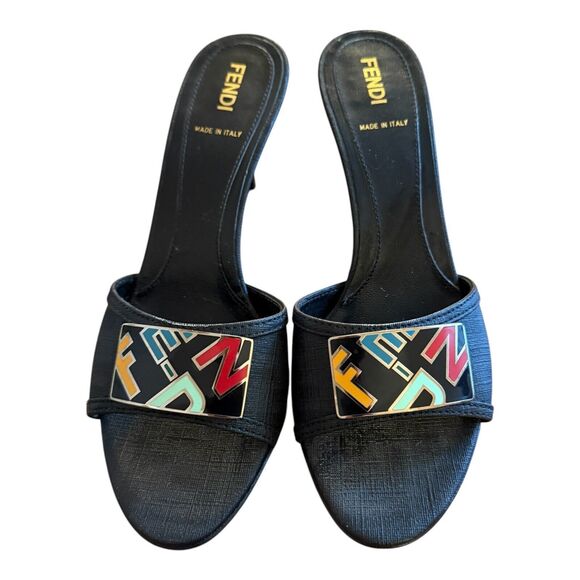 Fendi Zucca Slip On Sandals Size 36.5 Black Multicolor Logo Kitten Heels - Picture 2 of 12